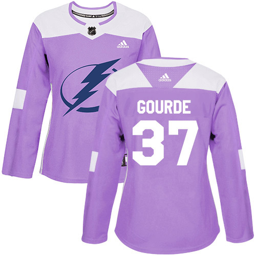 Adidas Tampa Bay Lightning #37 Yanni Gourde Purple Authentic Fights Cancer Women Stitched NHL Jersey